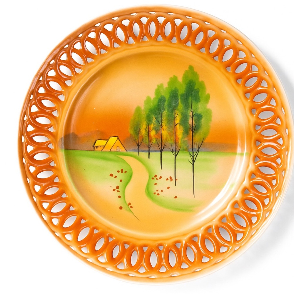 Vintage Hand Painted Plate Reticulated Japan Peach Landscape Cottage Scene 9.75"